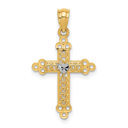 14K Gelb & Rhodium mit Rhodium Knospend Kreuz Anhänger