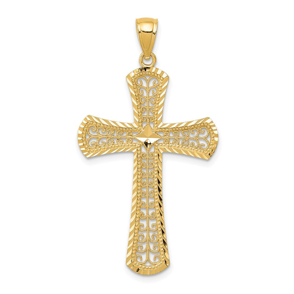14K Gelbgold Diamantgeschliffener Filigran-Kreuzanhänger