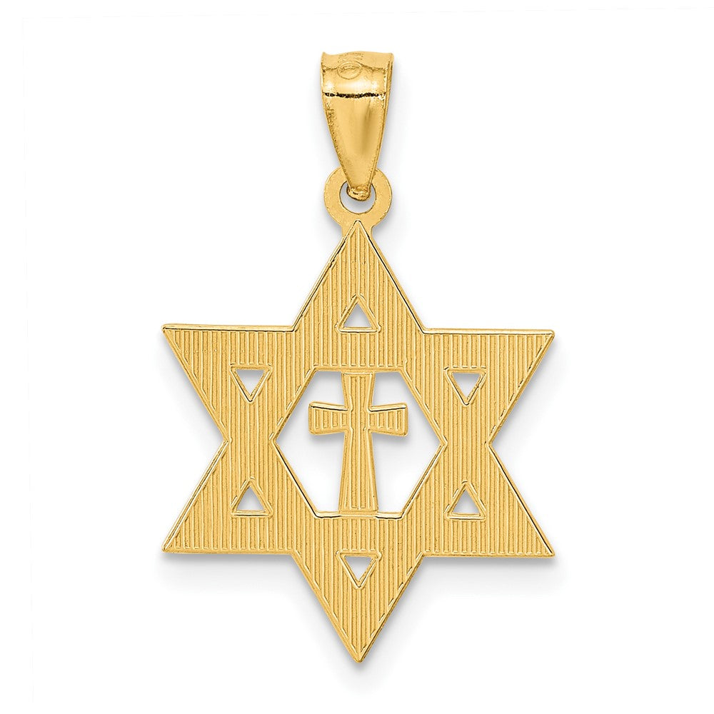 14K Gelbgold Diamantiert Stern Of David mit Kreuz Anhänger