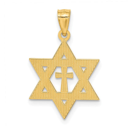 14K Gelbgold Diamantiert Stern Of David mit Kreuz Anhänger