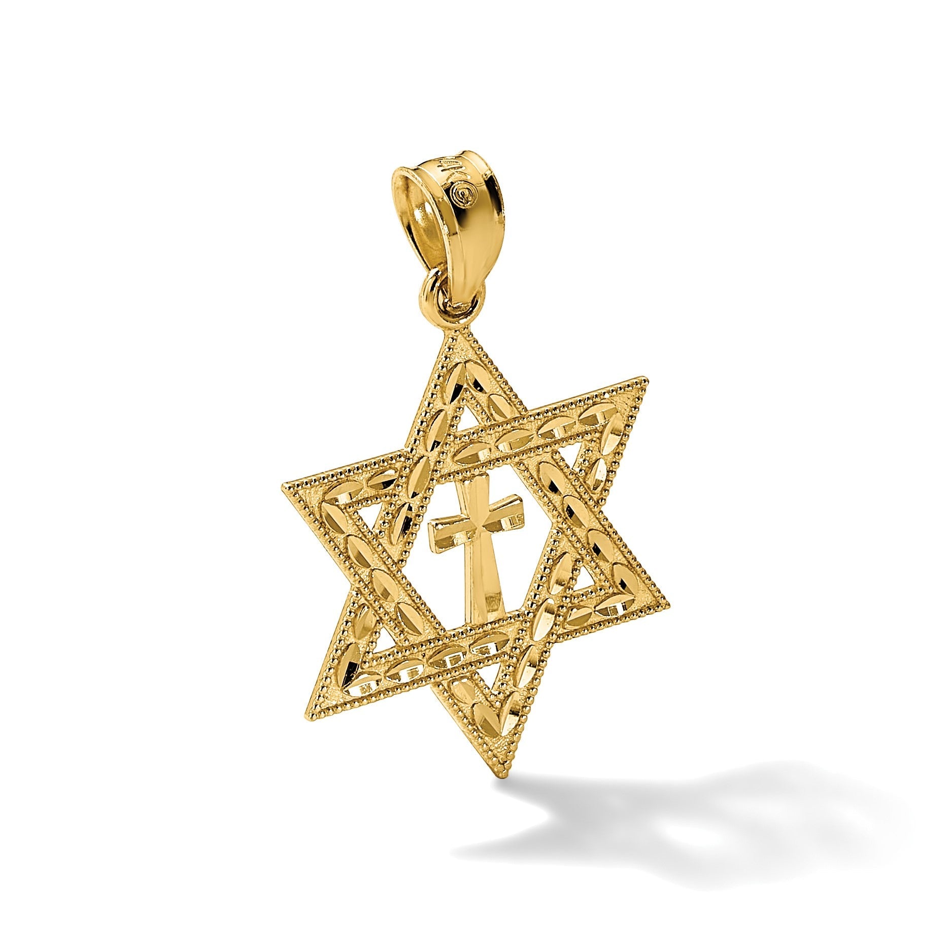 14K Gelbgold Diamantiert Stern Of David mit Kreuz Anhänger