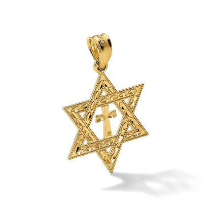 14K Gelbgold Diamantiert Stern Of David mit Kreuz Anhänger