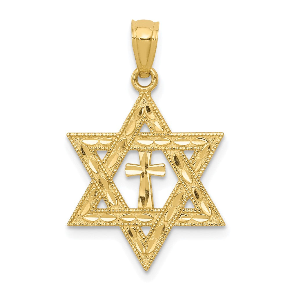 14K Gelbgold Diamantiert Stern Of David mit Kreuz Anhänger