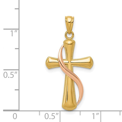 14K Bicolor Poliert Kreuz mit Drape Anhänger