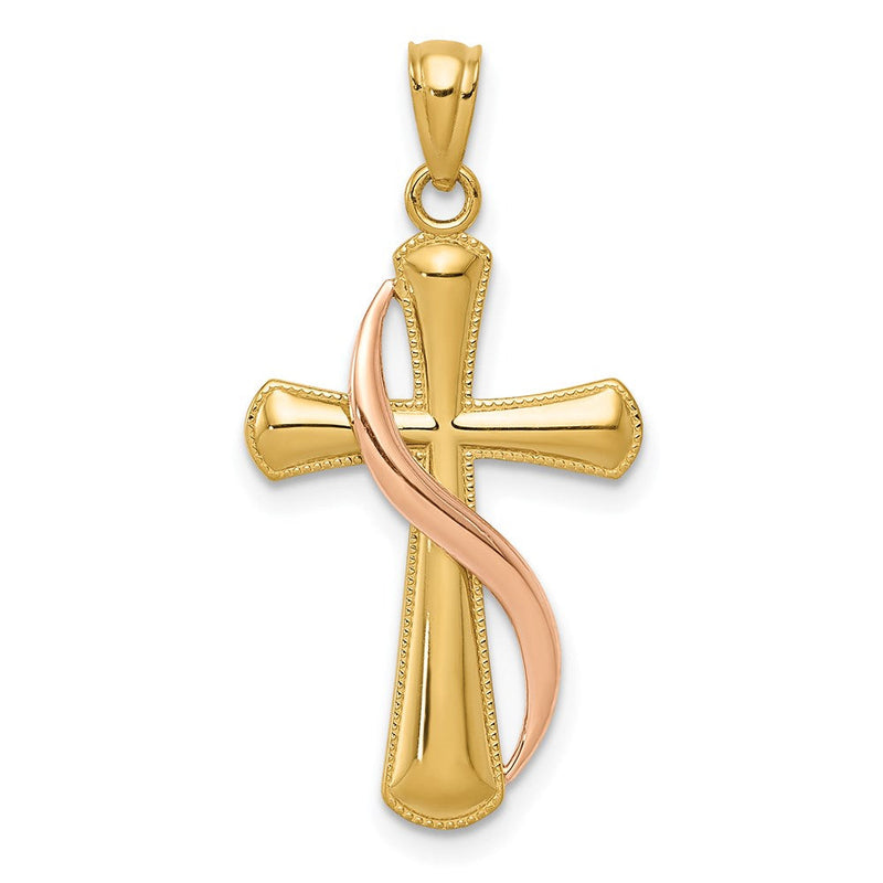14K Bicolor Poliert Kreuz mit Drape Anhänger