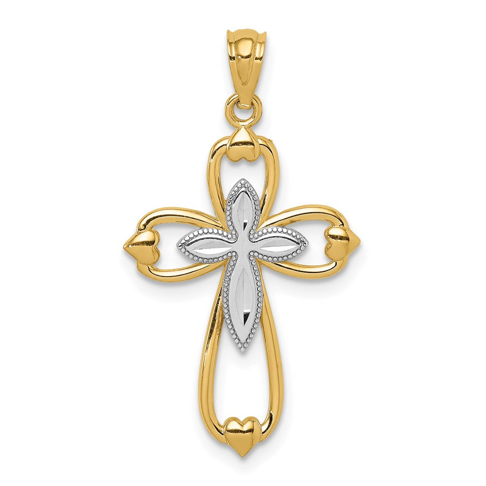 14K Gelb & Rhodium mit Rhodium Diamantiert Kreuz Anhänger