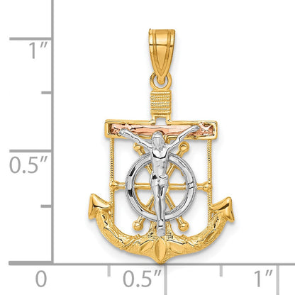 14 Karat Tricolor-Gold Anhänger diamantgeschliffenes Mariner-Kreuz mit Textur