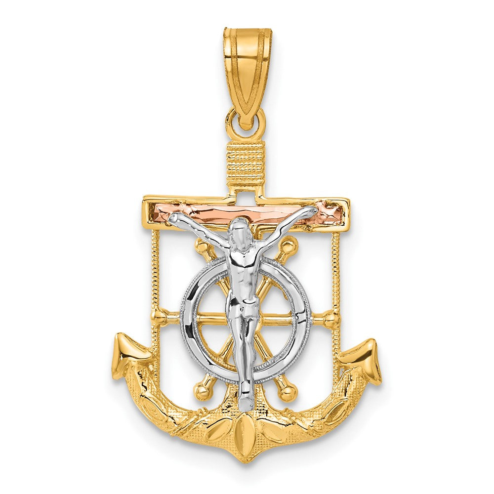 14 Karat Tricolor-Gold Anhänger diamantgeschliffenes Mariner-Kreuz mit Textur