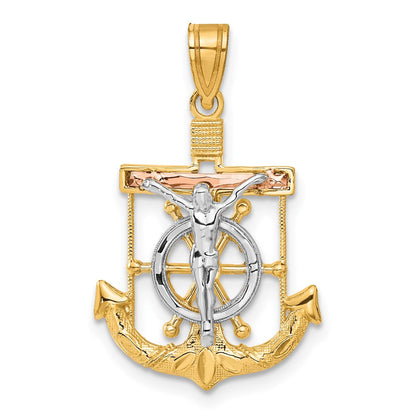 14 Karat Tricolor-Gold Anhänger diamantgeschliffenes Mariner-Kreuz mit Textur