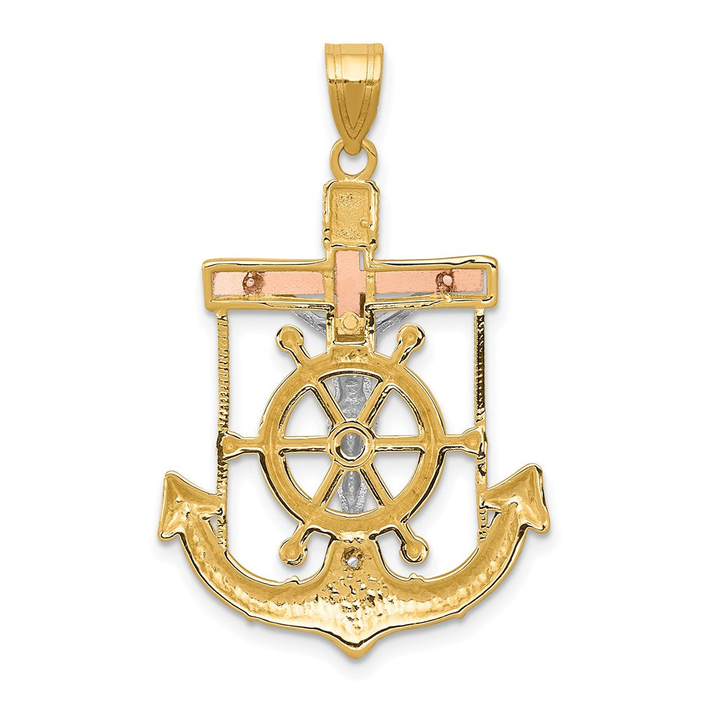 14 Karat Tricolor-Gold Anhänger, Diamantiertes Mariner-Kreuz mit Struktur