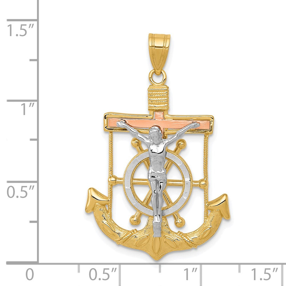 14 Karat Tricolor-Gold Anhänger, Diamantiertes Mariner-Kreuz mit Struktur