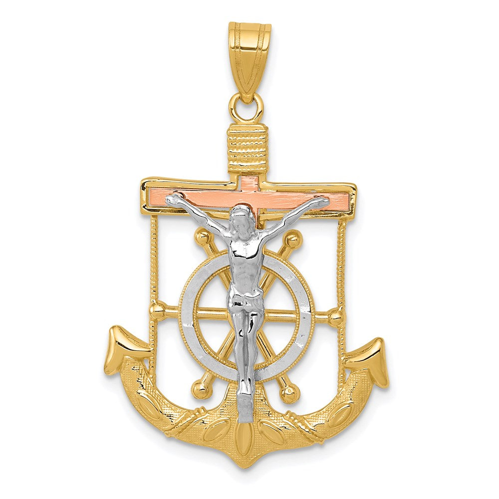 14 Karat Tricolor-Gold Anhänger, Diamantiertes Mariner-Kreuz mit Struktur
