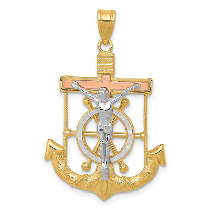 14 Karat Tricolor-Gold Anhänger, Diamantiertes Mariner-Kreuz mit Struktur