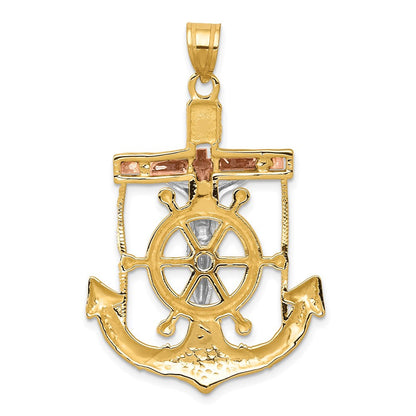 14 Karat Tricolor Gold Anhänger, diamantiertes und strukturiertes Marinerkreuz