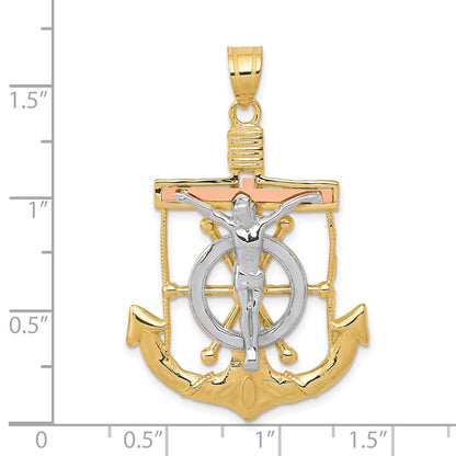14 Karat Tricolor Gold Anhänger, diamantiertes und strukturiertes Marinerkreuz