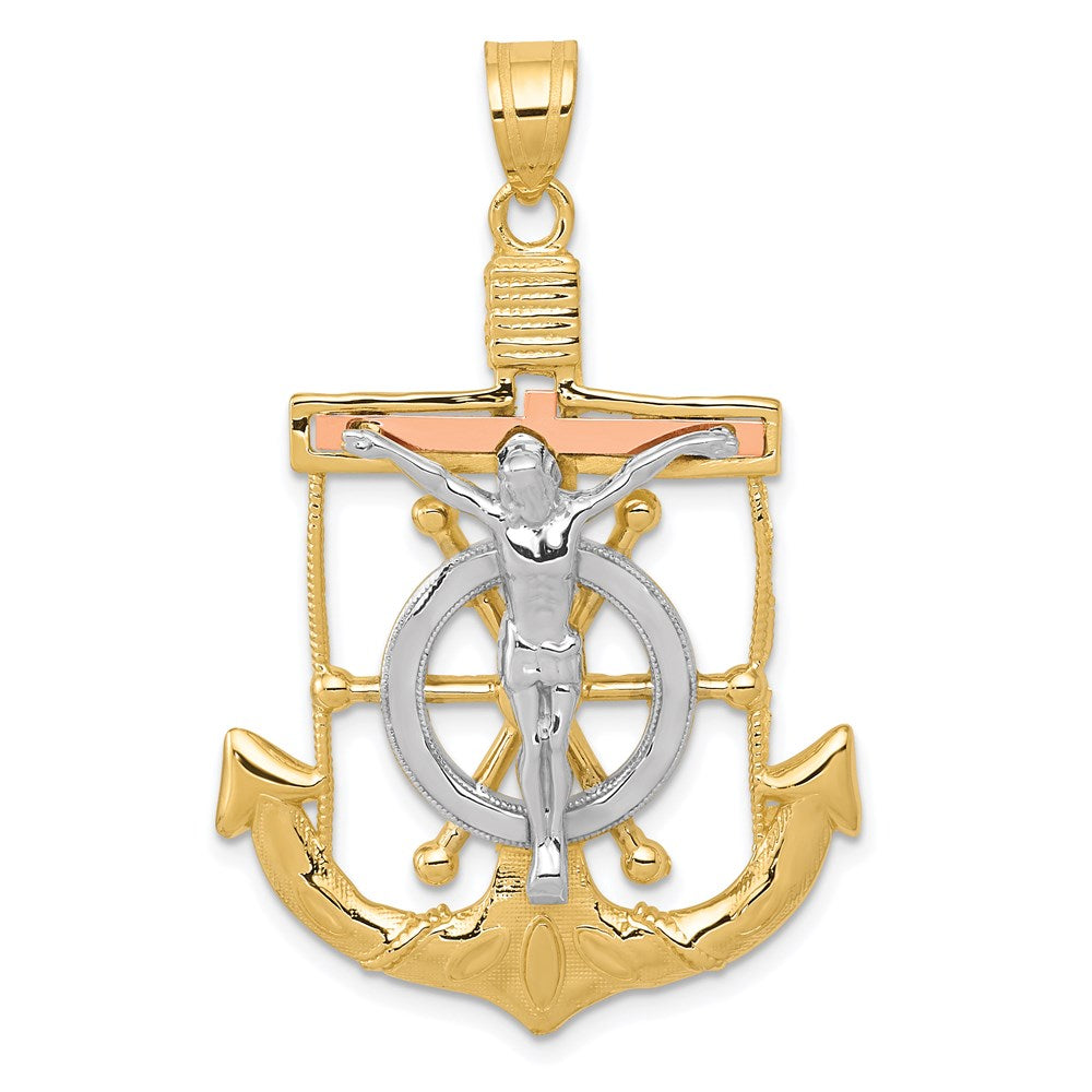 14 Karat Tricolor Gold Anhänger, diamantiertes und strukturiertes Marinerkreuz