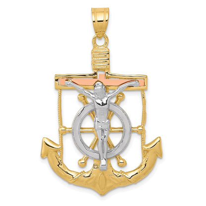 14 Karat Tricolor Gold Anhänger, diamantiertes und strukturiertes Marinerkreuz