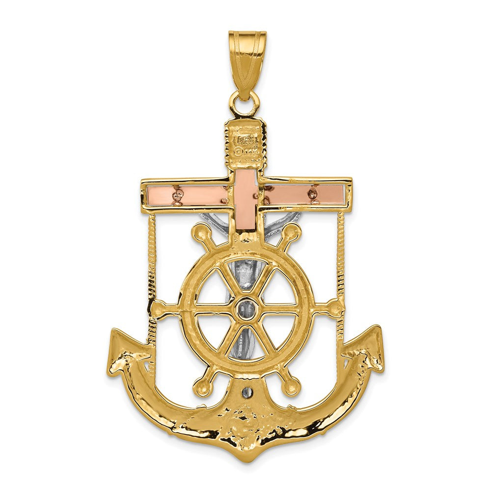 14K Tricolor-Gold Mariner-Kreuz-Anhänger mit Diamantschliff und strukturierter Oberfläche