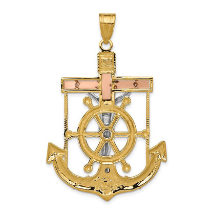 14K Tricolor-Gold Mariner-Kreuz-Anhänger mit Diamantschliff und strukturierter Oberfläche