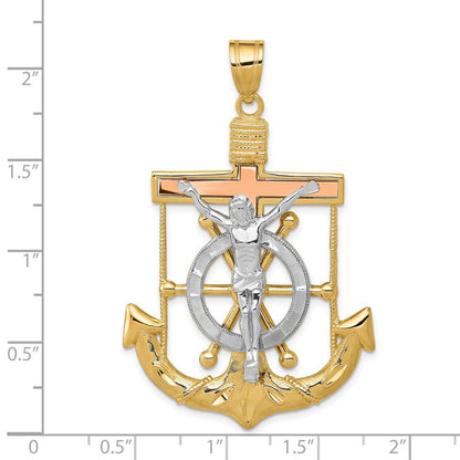 14K Tricolor-Gold Mariner-Kreuz-Anhänger mit Diamantschliff und strukturierter Oberfläche
