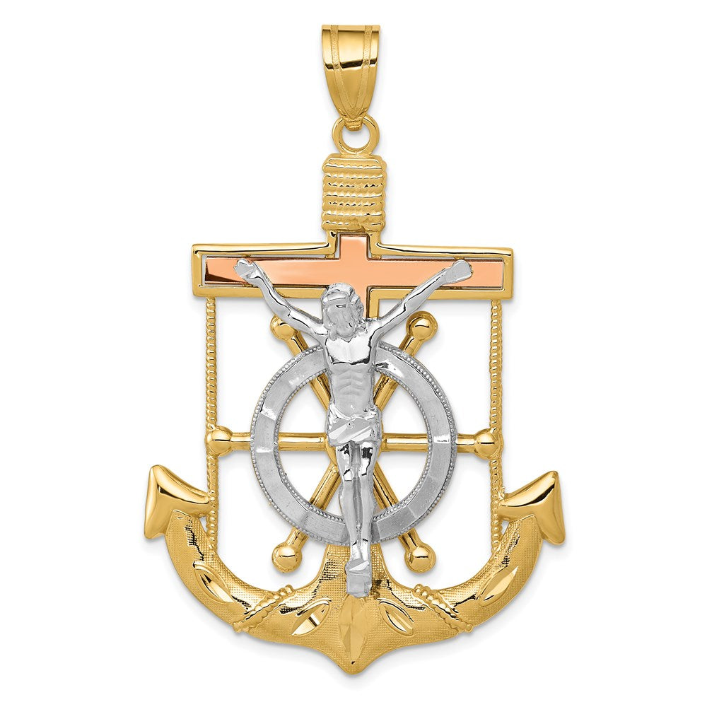 14K Tricolor-Gold Mariner-Kreuz-Anhänger mit Diamantschliff und strukturierter Oberfläche