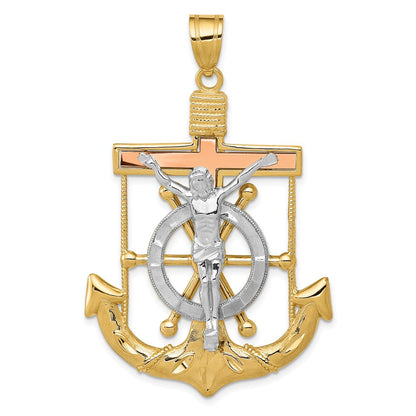 14K Tricolor-Gold Mariner-Kreuz-Anhänger mit Diamantschliff und strukturierter Oberfläche