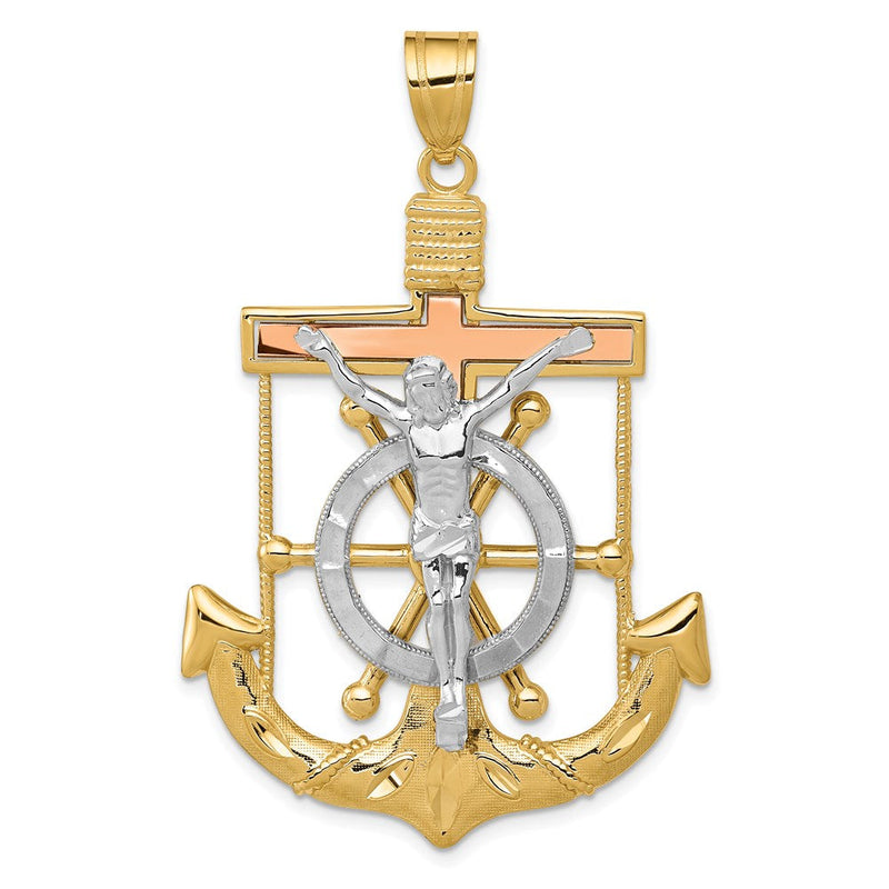 14K Tricolor-Gold Mariner-Kreuz-Anhänger mit Diamantschliff und strukturierter Oberfläche
