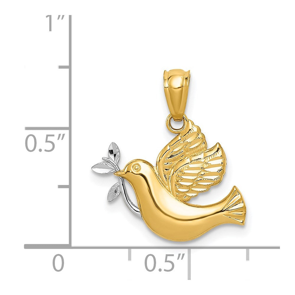 14K Gelb & Rhodium mit Rhodium Poliert Taube mit Olive Branch Anhänger
