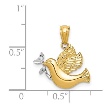 14K Gelb & Rhodium mit Rhodium Poliert Taube mit Olive Branch Anhänger