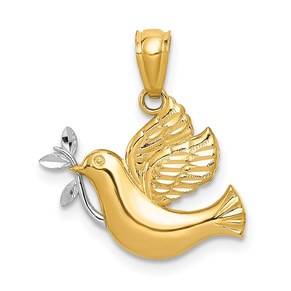 14K Gelb & Rhodium mit Rhodium Poliert Taube mit Olive Branch Anhänger