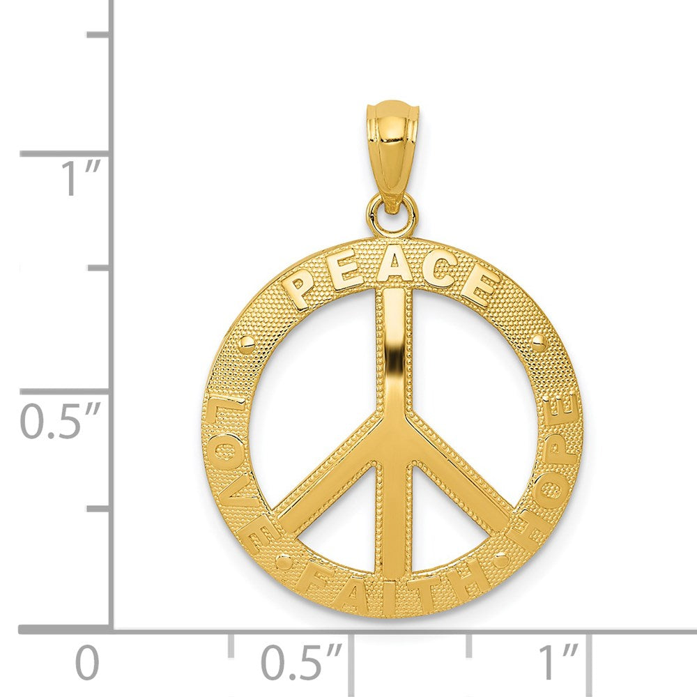 14k Gelbgold Anhänger „FRIEDE LIEBE GLAUBE HOFFNUNG“ mit Friedenszeichen