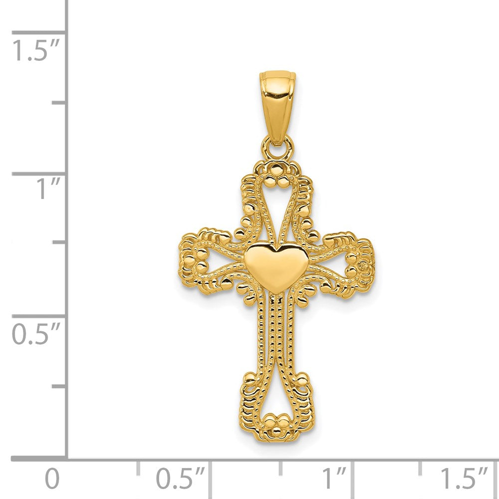 14K Gelbgold Kreuzanhänger mit Perlenrand und Herz