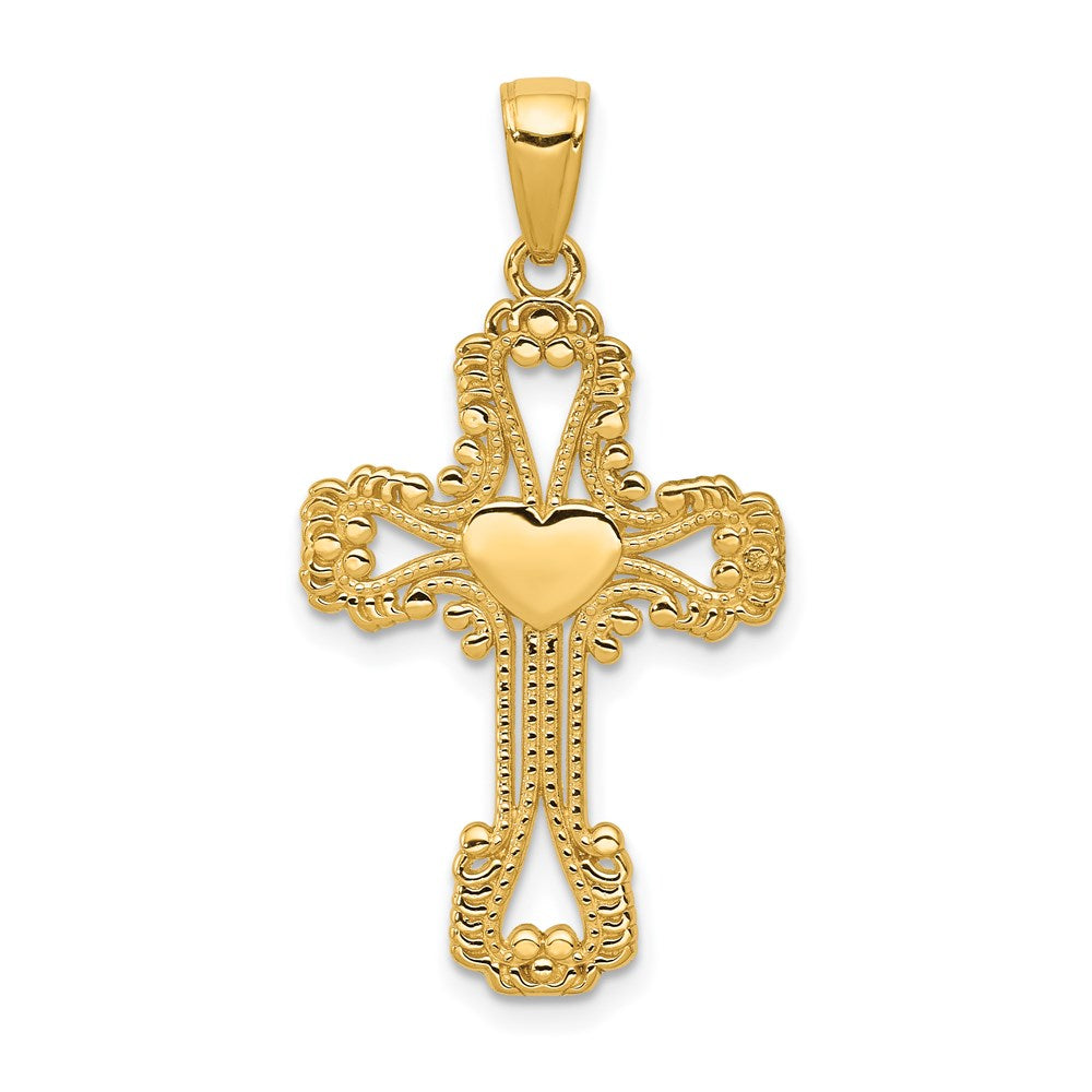 14K Gelbgold Kreuzanhänger mit Perlenrand und Herz