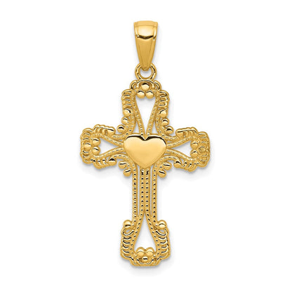 14K Gelbgold Kreuzanhänger mit Perlenrand und Herz