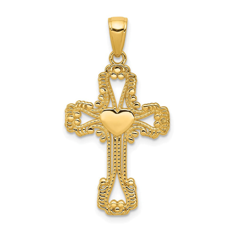 14K Gelbgold Kreuzanhänger mit Perlenrand und Herz