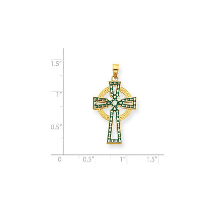 14K Gelbgold Grün & Weiß Emaillierter Diamantgeschliffener Keltischer Kreuz-Anhänger