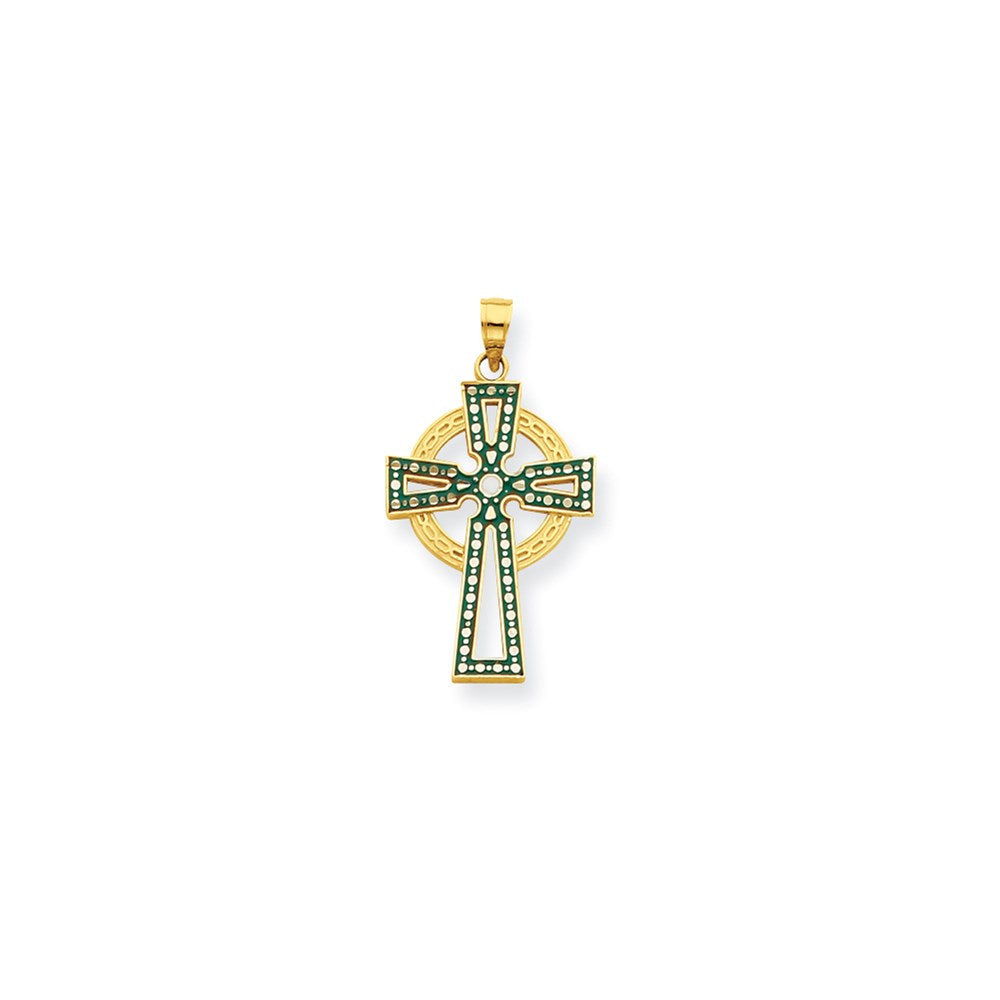 14K Gelbgold Grün & Weiß Emaillierter Diamantgeschliffener Keltischer Kreuz-Anhänger