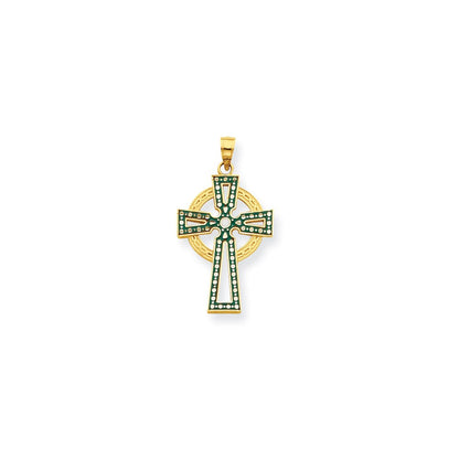 14K Gelbgold Grün & Weiß Emaillierter Diamantgeschliffener Keltischer Kreuz-Anhänger