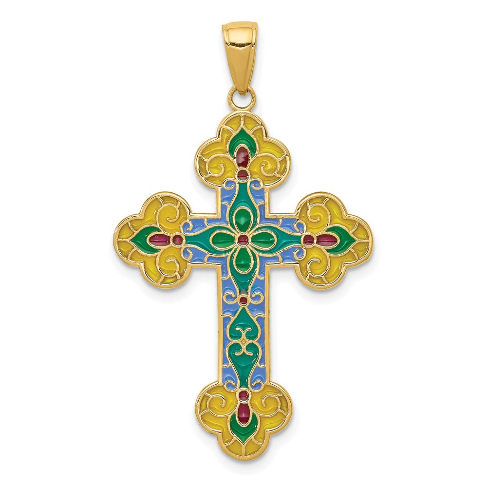 14K Gelbgold Kreuzanhänger mit Blütenknospen-Design und Acryl-Blume in der Mitte