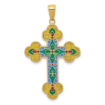 14K Gelbgold Kreuzanhänger mit Blütenknospen-Design und Acryl-Blume in der Mitte