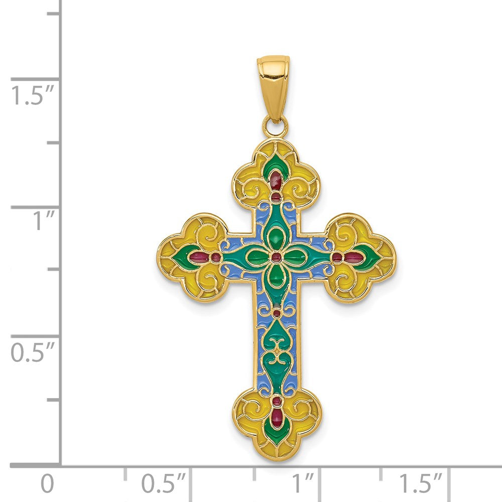 14K Gelbgold Kreuzanhänger mit Blütenknospen-Design und Acryl-Blume in der Mitte