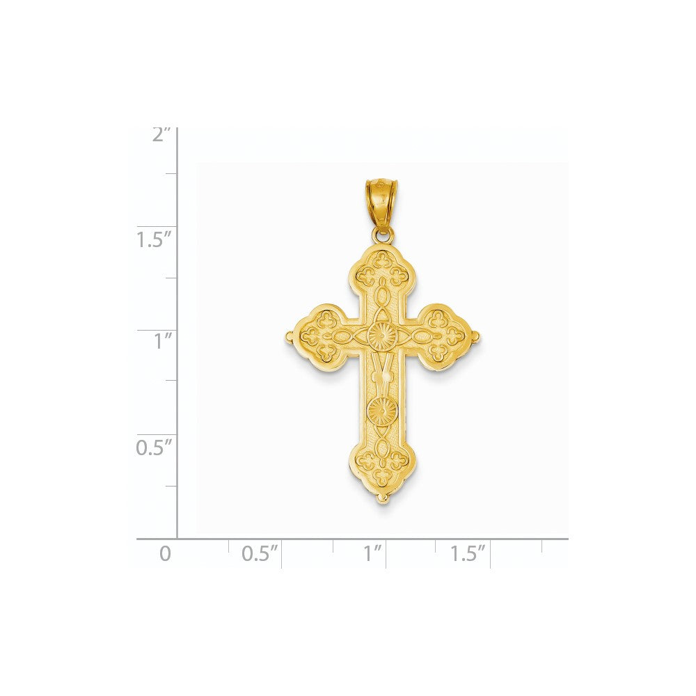 14K Gelbgold Kreuzanhänger mit Schnörkelmuster und Sonnenstrahlen-Mittelteil