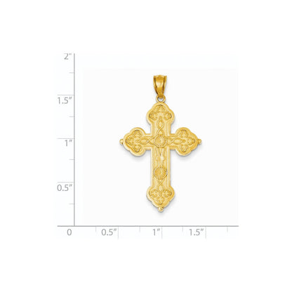 14K Gelbgold Kreuzanhänger mit Schnörkelmuster und Sonnenstrahlen-Mittelteil