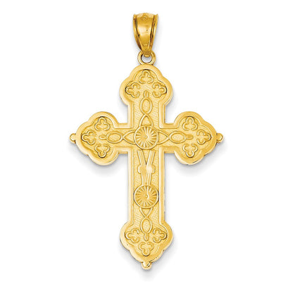 14K Gelbgold Kreuzanhänger mit Schnörkelmuster und Sonnenstrahlen-Mittelteil