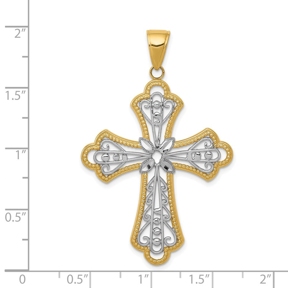 14K Gelb- und Rhodiumgold mit Rhodium, diamantgeschliffener durchbrochener Filigran-Kreuzanhänger