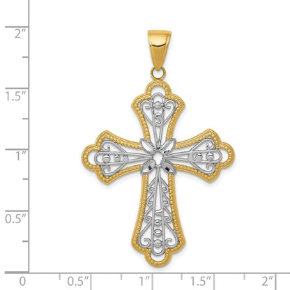 14K Gelb- und Rhodiumgold mit Rhodium, diamantgeschliffener durchbrochener Filigran-Kreuzanhänger