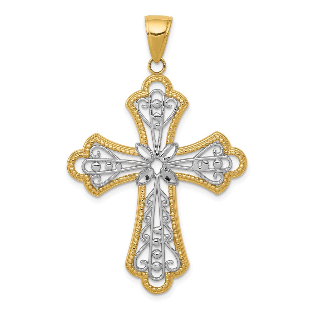 14K Gelb- und Rhodiumgold mit Rhodium, diamantgeschliffener durchbrochener Filigran-Kreuzanhänger