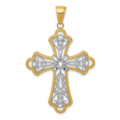 14K Gelb- und Rhodiumgold mit Rhodium, diamantgeschliffener durchbrochener Filigran-Kreuzanhänger