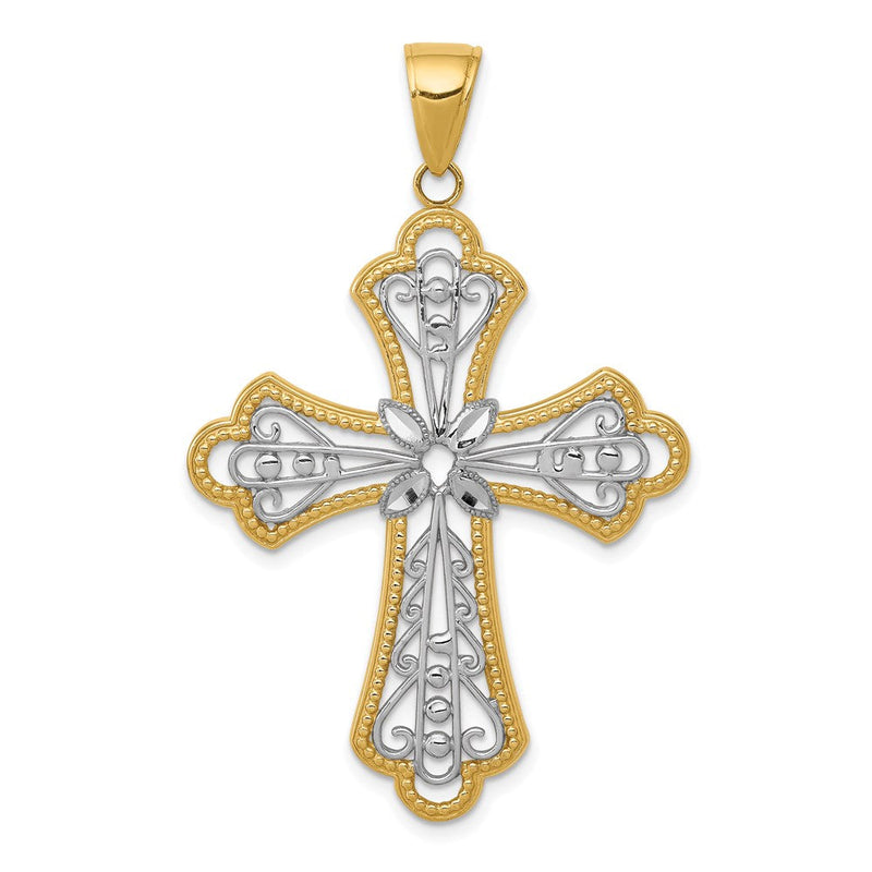 14K Gelb- und Rhodiumgold mit Rhodium, diamantgeschliffener durchbrochener Filigran-Kreuzanhänger