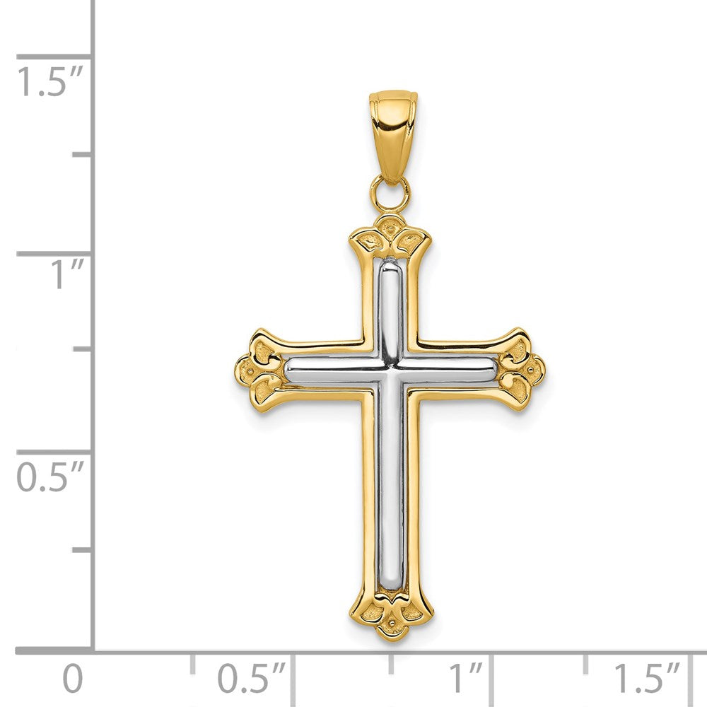 14K Gelb- & Rhodiumgold mit rhodiniertem Knospenkreuz-Rahmenanhänger in Gelb